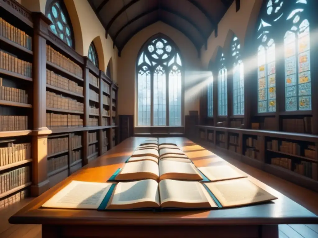 Una biblioteca antigua con libros de genealogía, iluminada por luz solar a través de vitrales, envuelta en un aura de historia y misterio