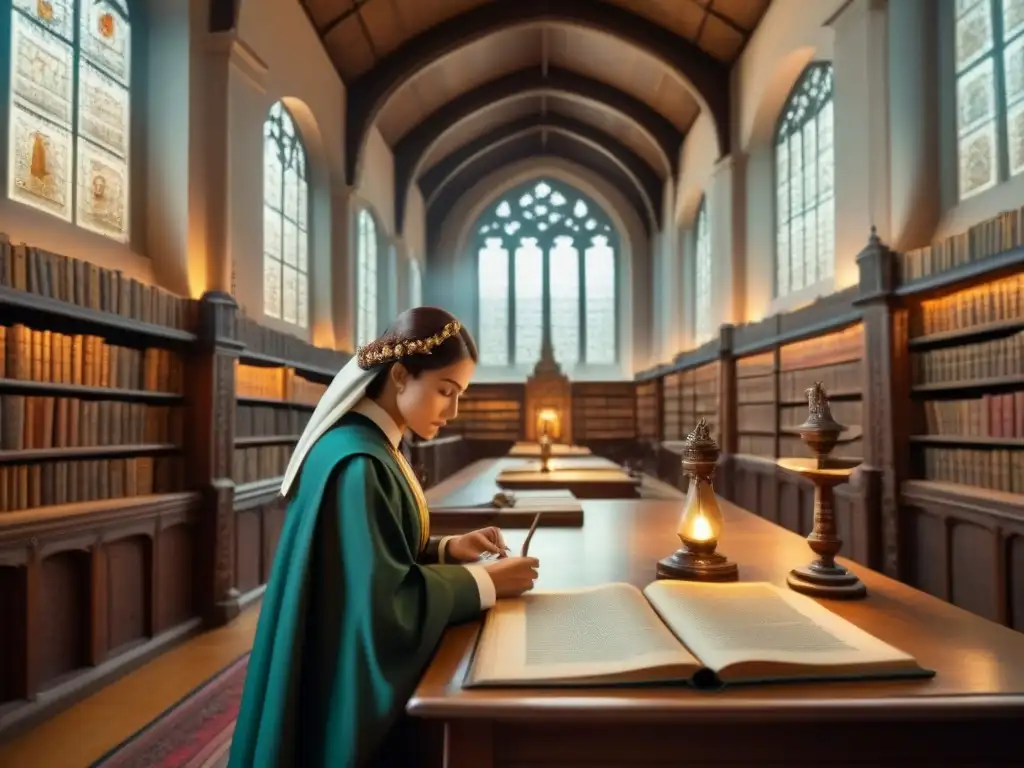 Un biblioteca antigua con libros polvorientos, personas estudiando manuscritos antiguos