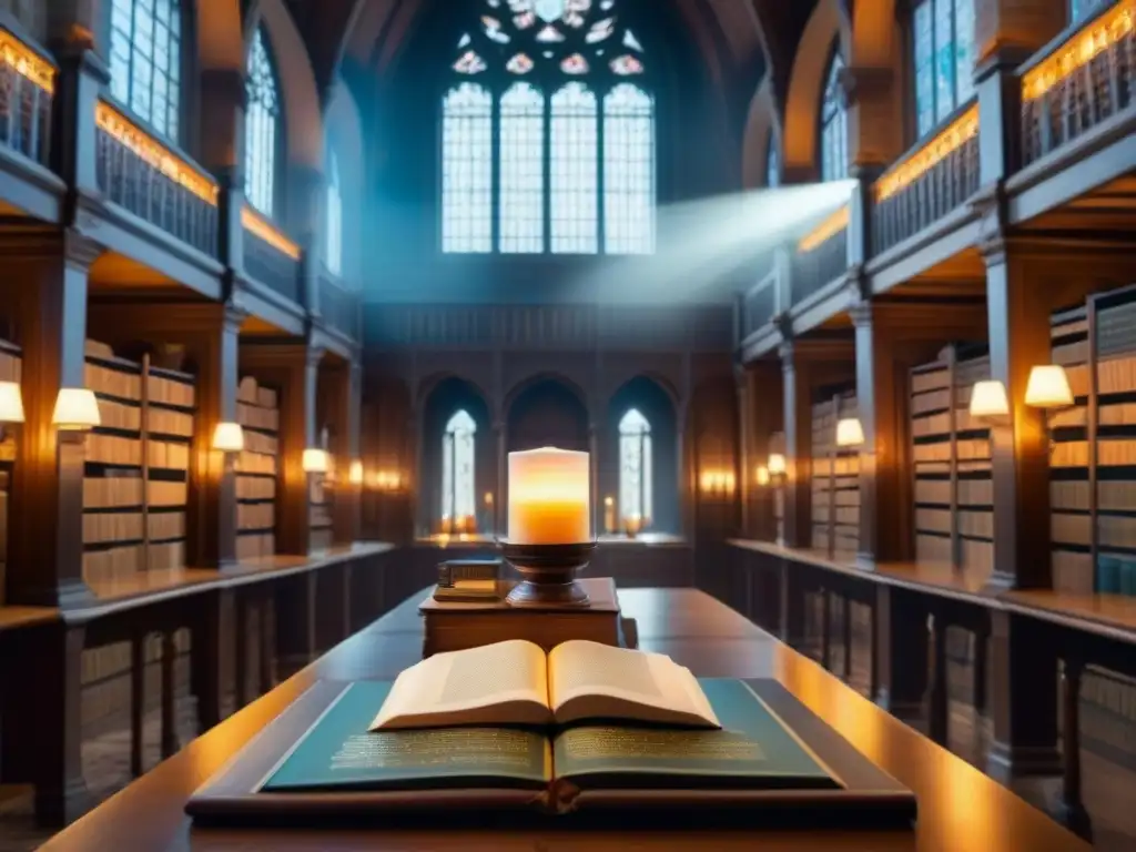 Una biblioteca antigua llena de libros antiguos, estanterías de madera y un rincón de lectura acogedor con una butaca y una vela