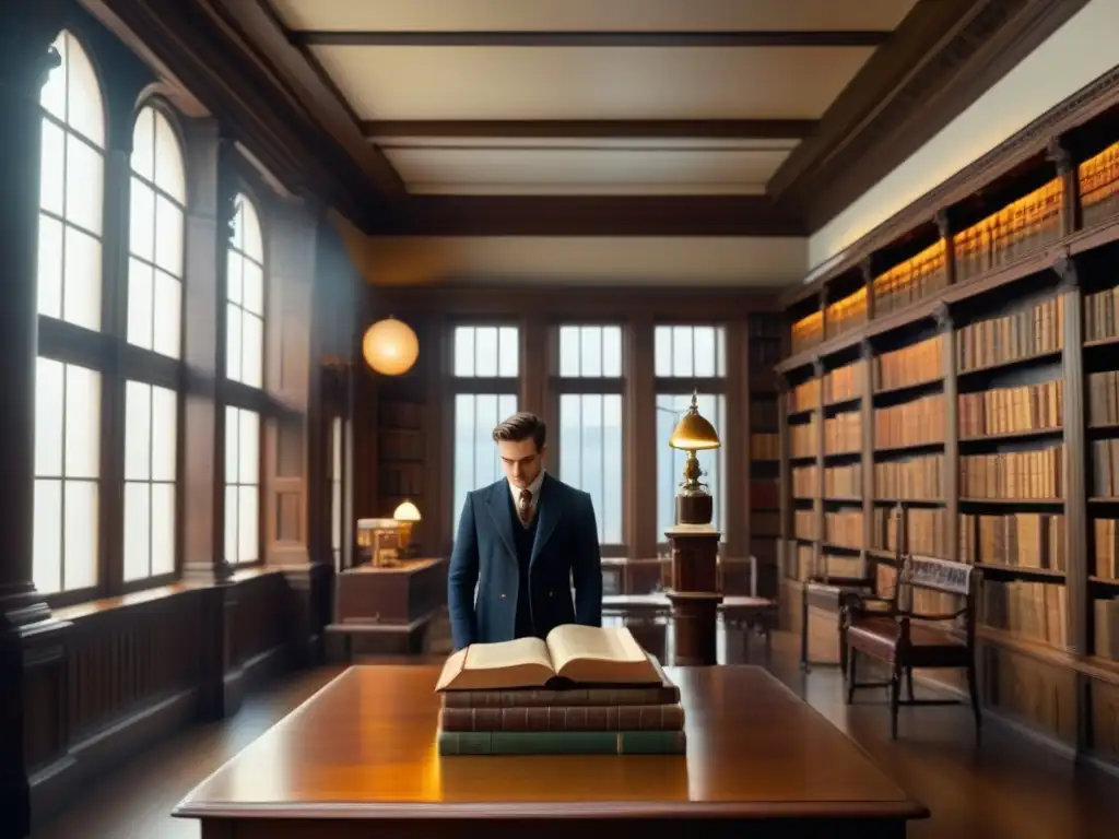 Una biblioteca antigua llena de libros, estanterías de madera, una mesa con libros y lámpara de lectura