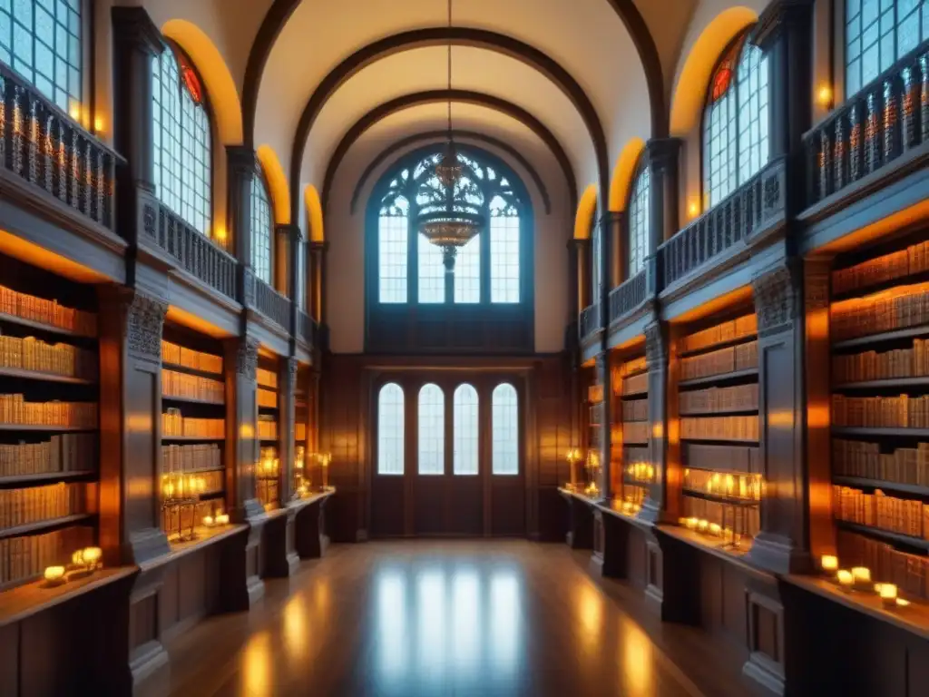 Una biblioteca antigua llena de libros de cuero, iluminada por la luz del sol