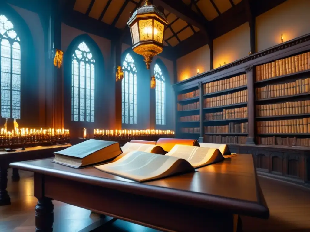 Una biblioteca antigua llena de libros y pergaminos, con eruditos investigando entre quillot, tinteros y luz de velas