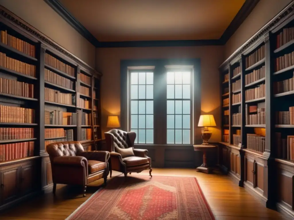 Un biblioteca antigua llena de libros de cuero, estantes de madera y un rincón de lectura acogedor