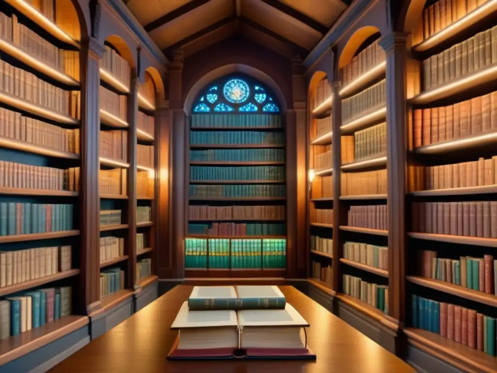 Una biblioteca antigua llena de libros de genealogía, con polvo flotando en los rayos de sol