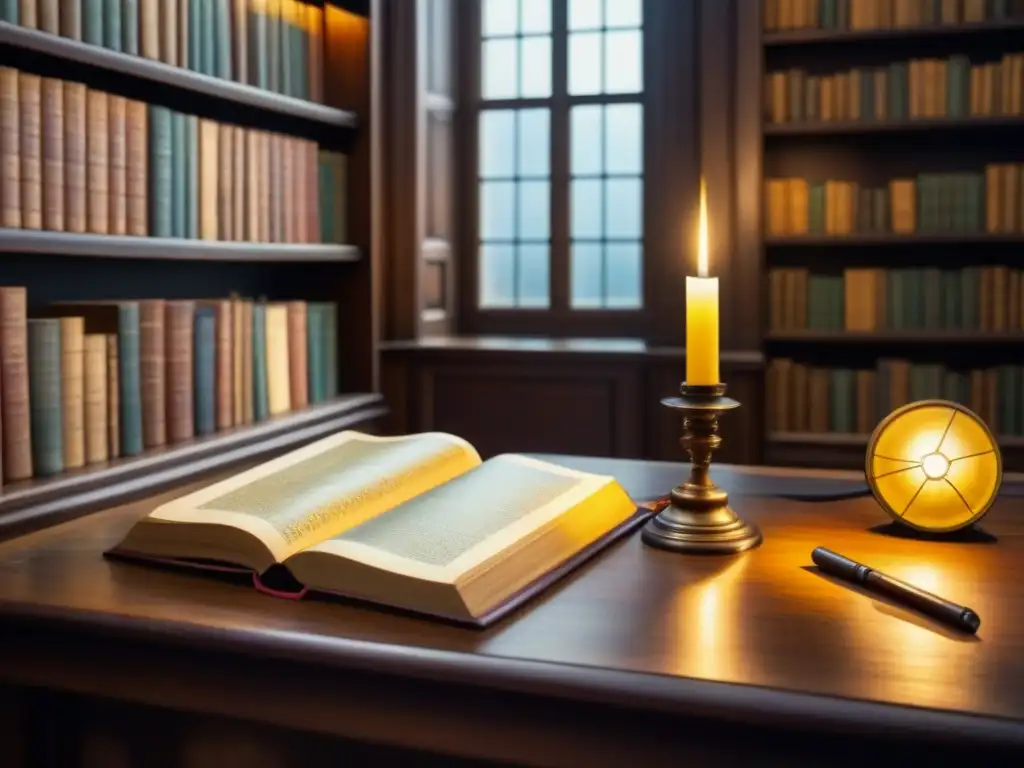 Una biblioteca antigua, llena de libros de cuero polvoriento, iluminada por luz solar a través de vitrales