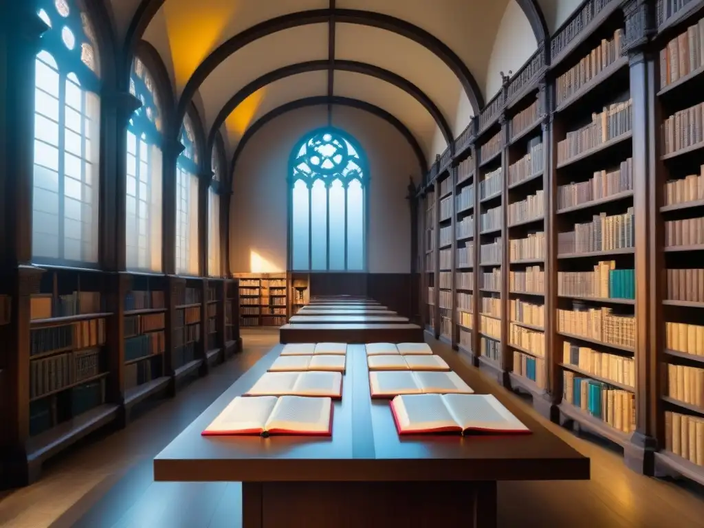 Una biblioteca antigua llena de libros, planos y artefactos