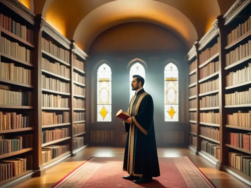 Una biblioteca antigua llena de libros y manuscritos, con un retrato de la familia Iriarte en la pared