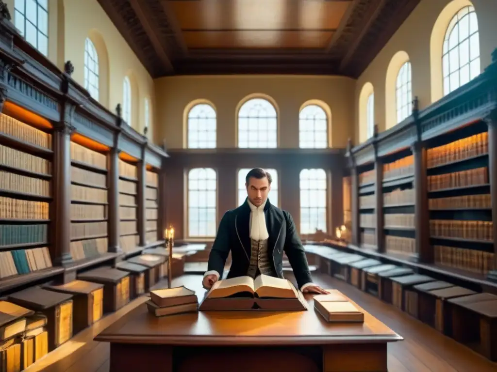 Una biblioteca antigua llena de libros de cuero, un escritorio de madera y una persona investigando genealogía