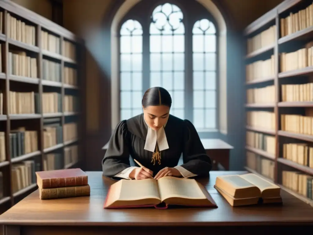 Una biblioteca antigua llena de manuscritos y libros antiguos, iluminada por cálida luz natural