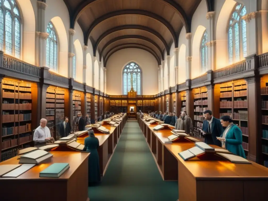 Una biblioteca bulliciosa llena de eruditos de diversas culturas investigando en antiguos tomos bajo luz solar