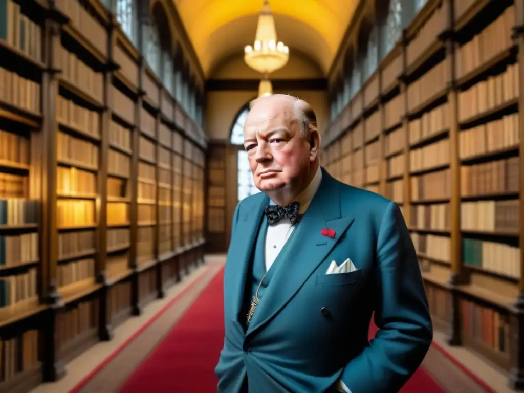 Sir Winston Churchill reflexiona en biblioteca llena de libros históricos, legado y raíces de Churchill palpables