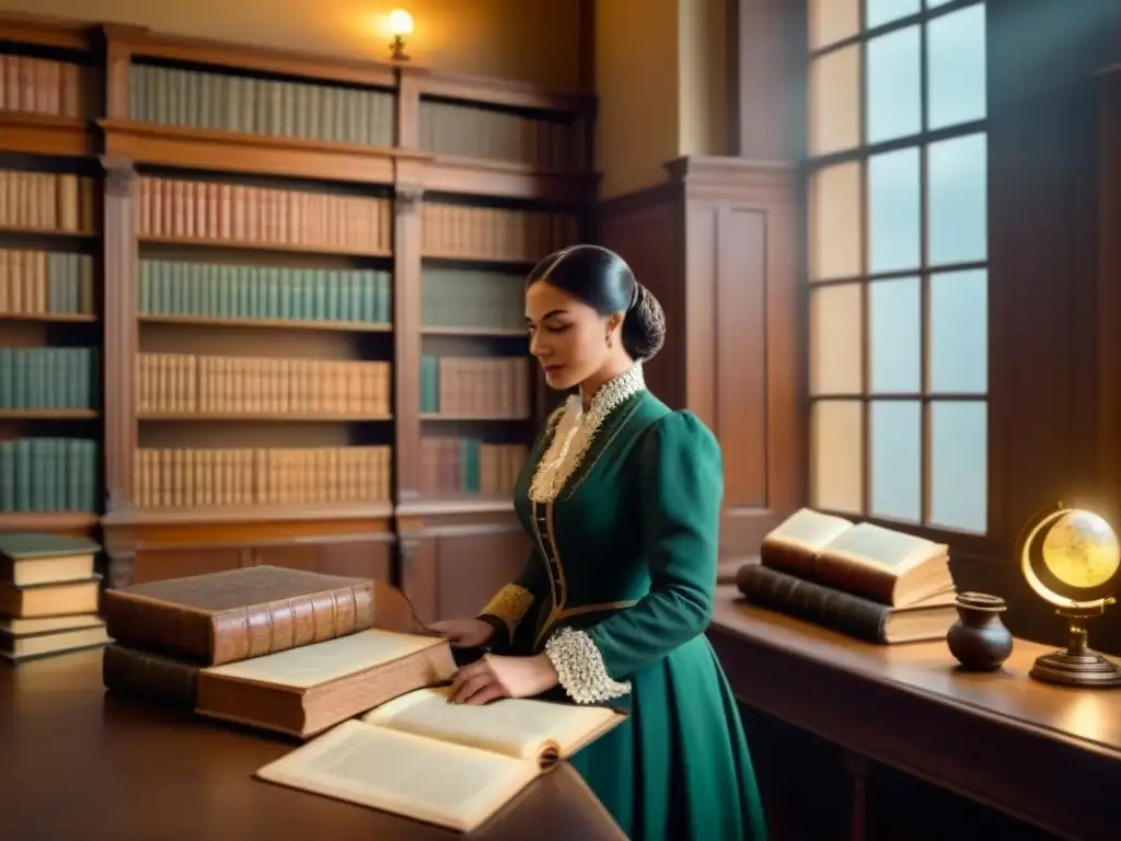 Una biblioteca vintage con estanterías de madera llenas de libros genealógicos, mapas antiguos y documentos históricos