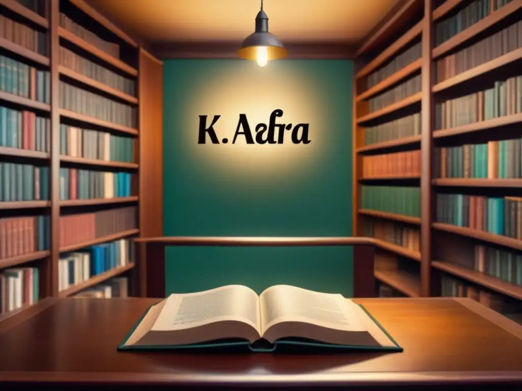 Una biblioteca vintage llena de libros clásicos de autores con apellidos que comienzan con la letra 'K', como Kafka, Keats y Kerouac