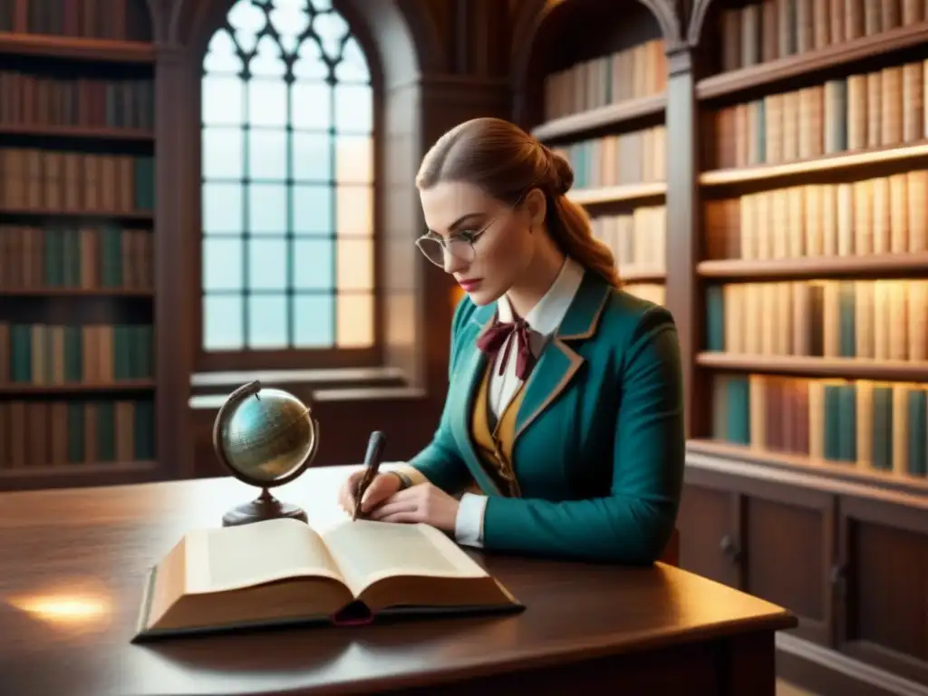 Una biblioteca vintage llena de libros de cuero antiguos, una mesa de madera con lupa, pluma, tintero y globo terráqueo