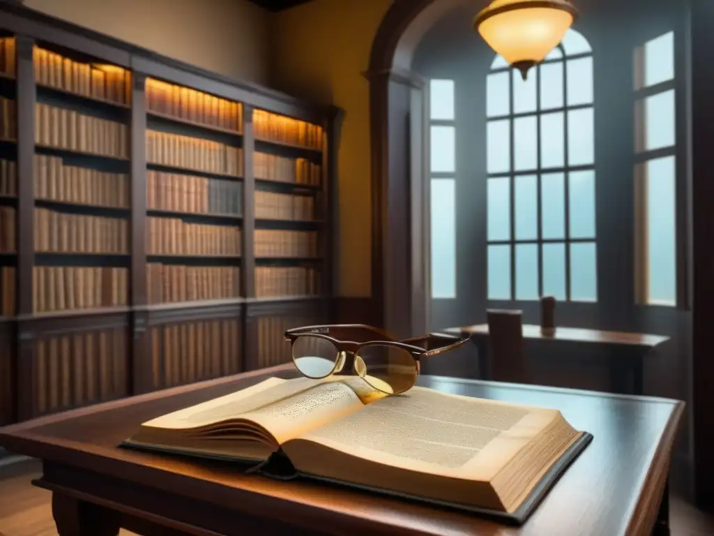 Una biblioteca vintage llena de libros de genealogía antiguos y lupas en una mesa de caoba