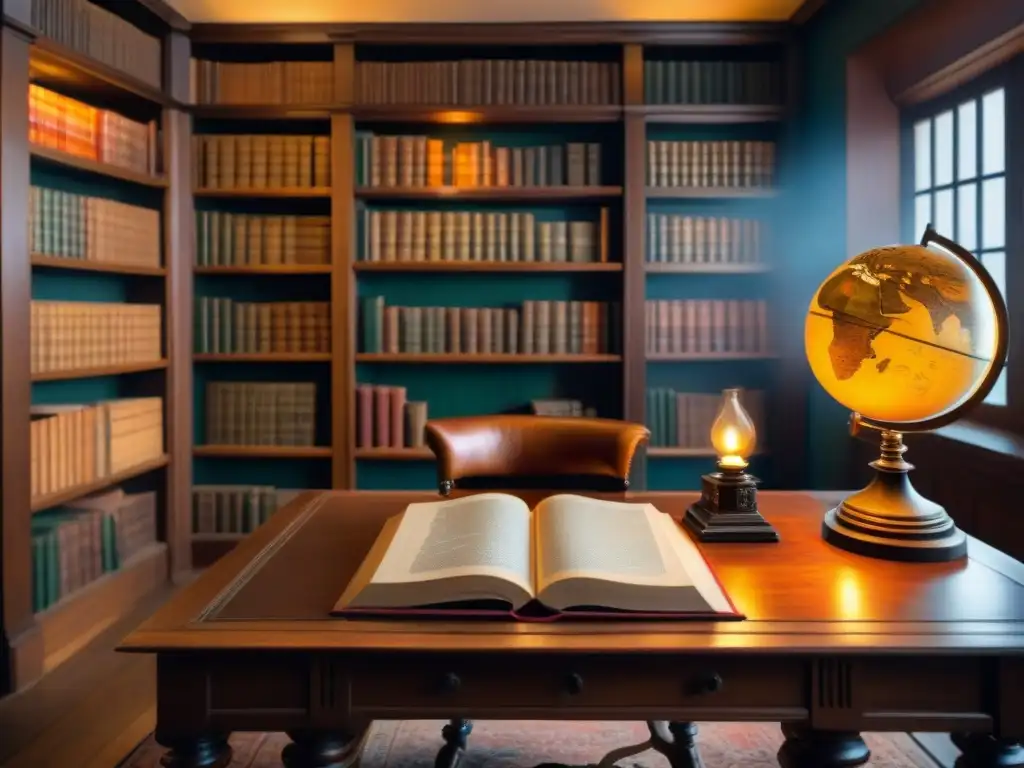 Una biblioteca vintage llena de libros antiguos, un escritorio de madera con pluma y tintero, un globo terráqueo y una lámpara de aceite iluminando la escena