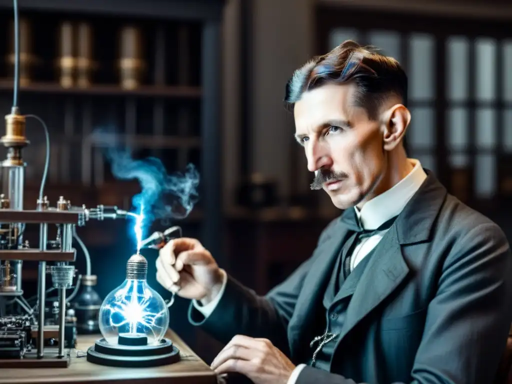 Una fotografía en blanco y negro de Nikola Tesla en su laboratorio, rodeado de equipos eléctricos mientras realiza un experimento con concentración