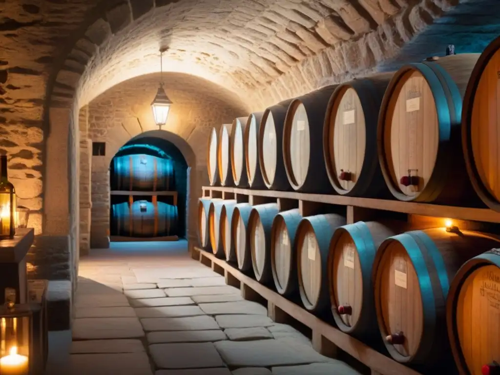 Una bodega vintage con barriles de madera apilados, botellas de vino personalizadas con apellidos y luz de velas