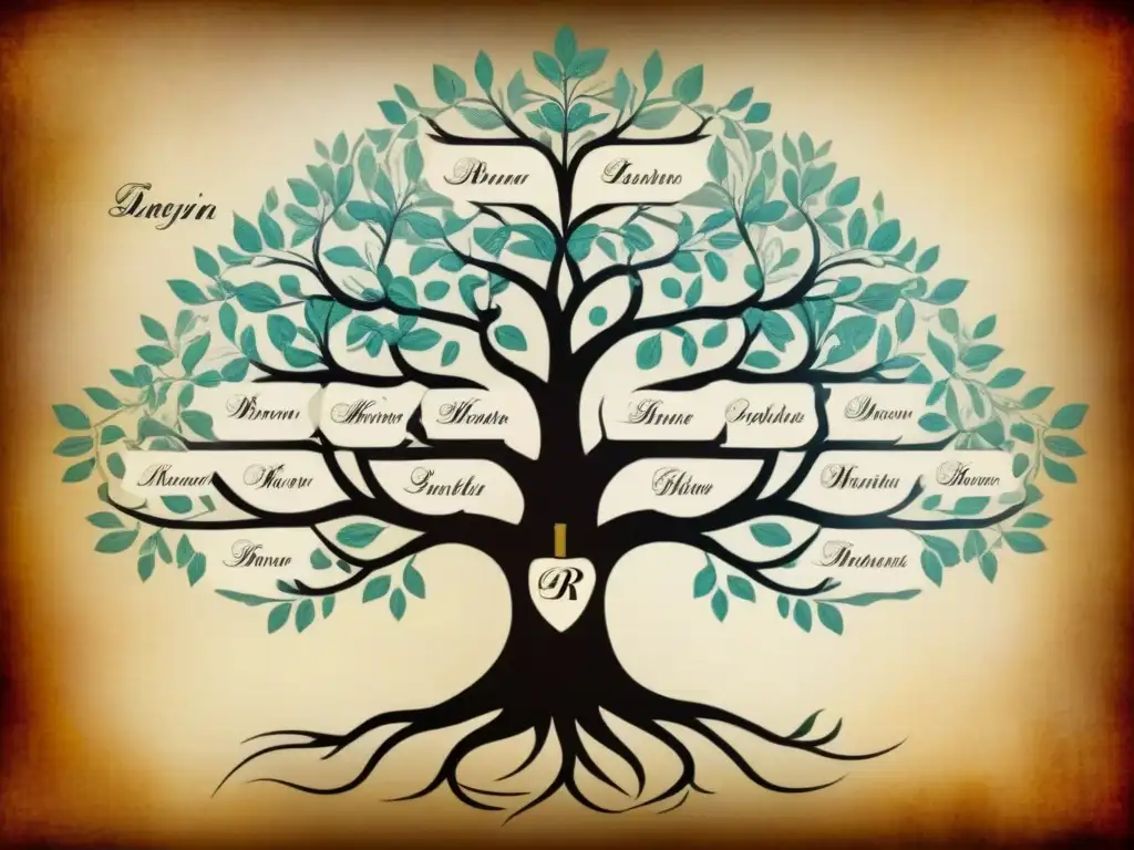 Árbol genealógico detallado de la familia Bonaparte en pergamino vintage Historia linaje apellido Bonaparte: Detallado árbol genealógico vintage Bonaparte en pergamino