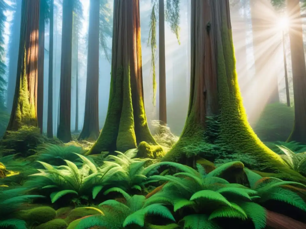 Un bosque ancestral de secuoyas se alza majestuoso bajo la cálida luz del sol, habitado por diversa vida silvestre