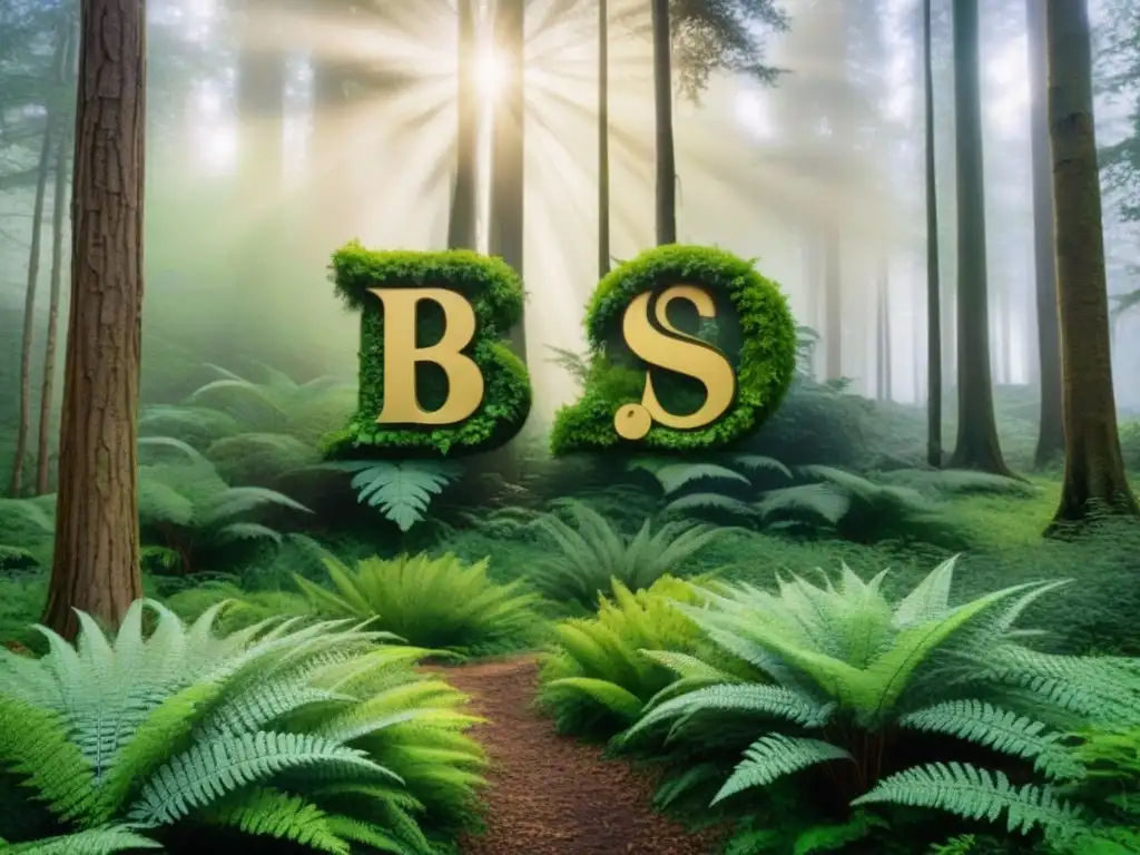 Un bosque exuberante con un escudo familiar 'B', entrelazado con la naturaleza