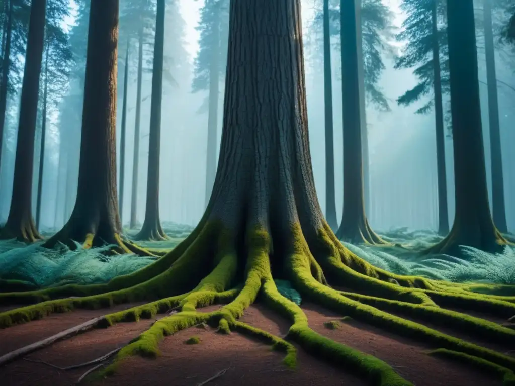 Un bosque frondoso con altos pinos, raíces entrelazadas y luz filtrada