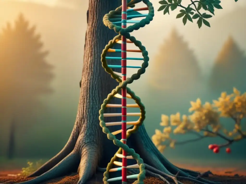 Bosque genealógico entrelazado con ADN, simbolizando la búsqueda de identidad a través de Pruebas de ADN en genealogía