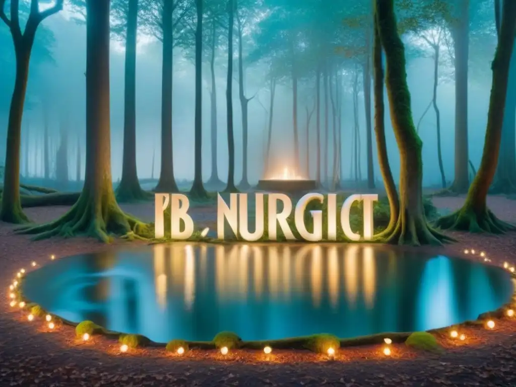 Bosque místico al atardecer con árboles antiguos iluminados por runas que forman apellidos con B