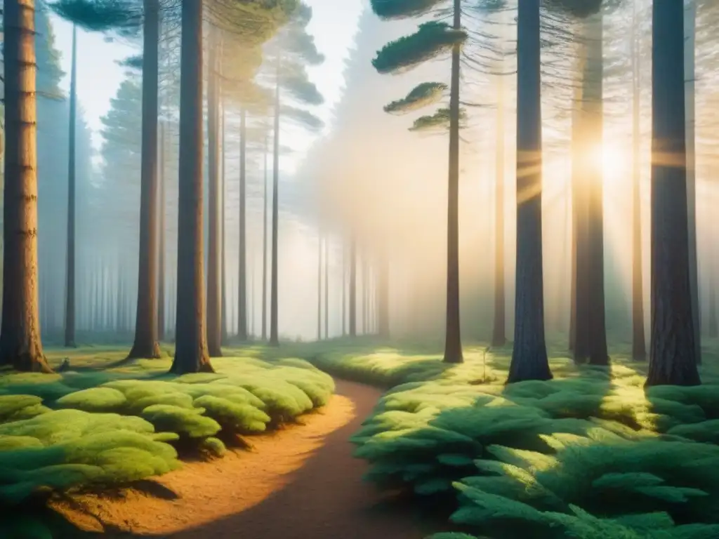 Un bosque de pinos majestuoso al atardecer, con rayos de sol filtrándose entre la densa vegetación