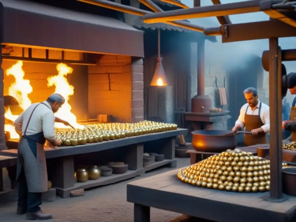 Una herrería vintage bulliciosa con la familia Ferrero creando metalurgia, simbolizando la historia del apellido Ferrero