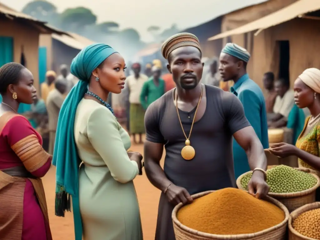 Una bulliciosa feria en una aldea africana, reflejando la riqueza cultural y la historia social de apellidos en África