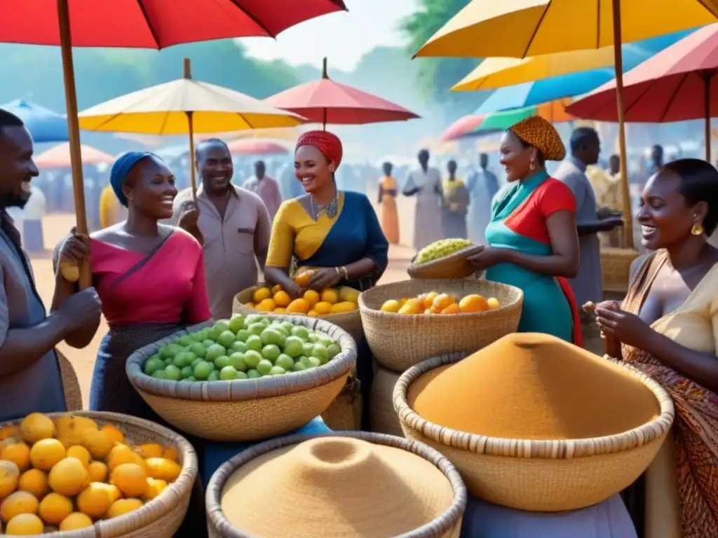 Un bullicioso mercado africano con gente de diversas culturas intercambiando bienes bajo coloridos paraguas, reflejando la riqueza cultural de África