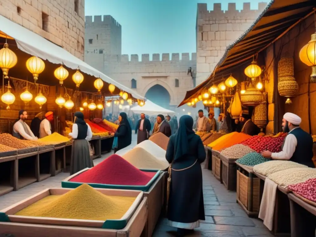 Un bullicioso mercado en la antigua Jerusalén muestra la historia apellidos hebreos y significado en un escenario de intercambio cultural y comercio