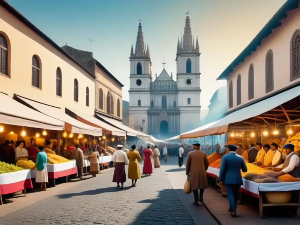 Un bullicioso mercado colonial en América Latina con diversidad cultural y arquitectura detallada