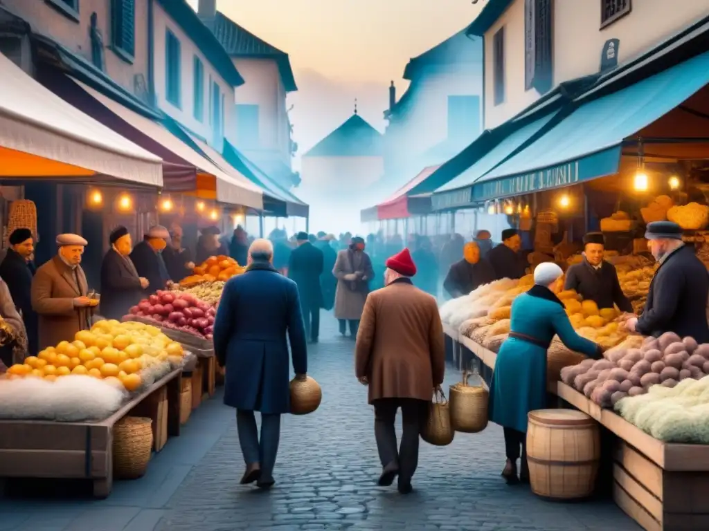 Un bullicioso mercado histórico con mercaderes y artesanos exhibiendo sus apellidos en puestos, reflejando el origen y evolución de apellidos