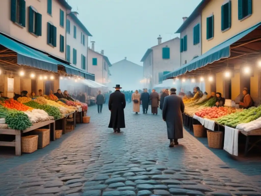 Un bullicioso mercado italiano en blanco y negro evoca historia, tradición y comunidad