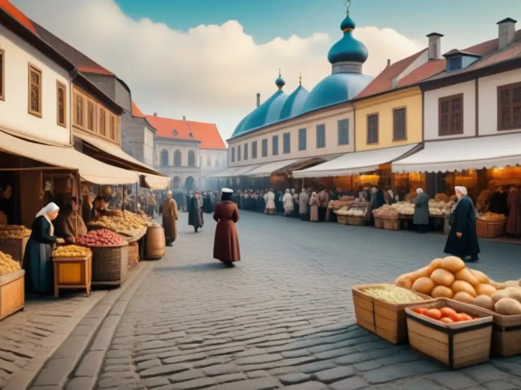 Un bullicioso mercado judío en Europa del Este, con colores vibrantes y detalles históricos