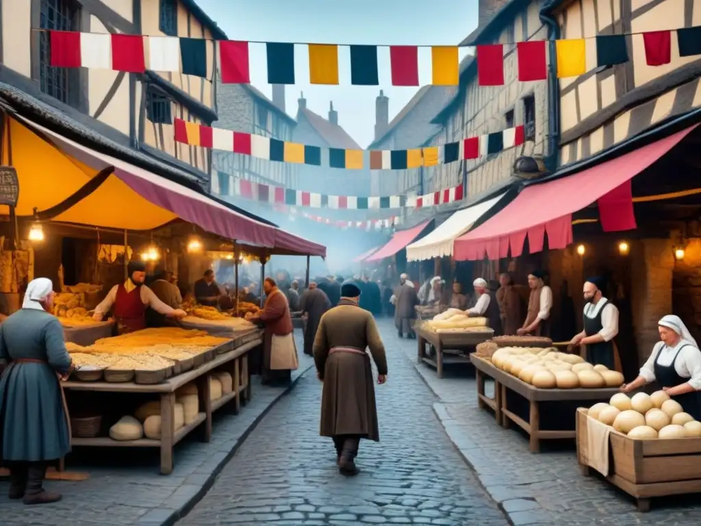 Un bullicioso mercado medieval con artesanos, comerciantes y gran actividad