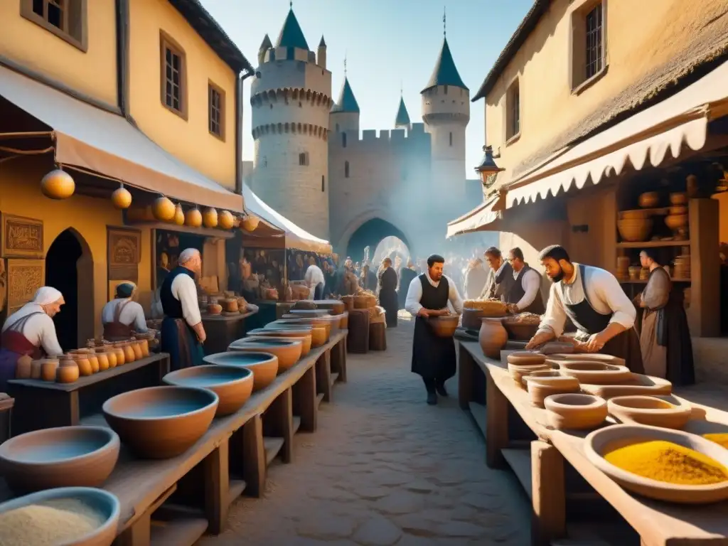 Un bullicioso mercado medieval con artesanos creando cerámica, forjando armas y pintando lienzos, bajo un sol dorado