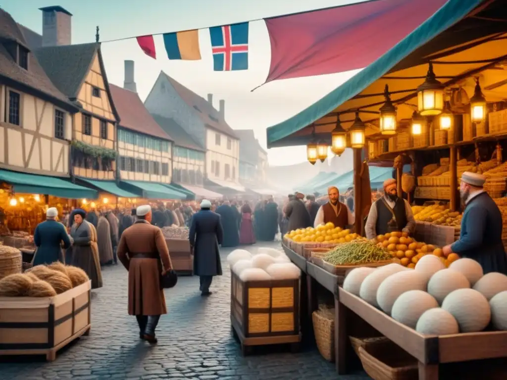 Un bullicioso mercado medieval con barcos mercantes y banderas de diversas naciones, evocando la historia de apellidos mercantes modernos