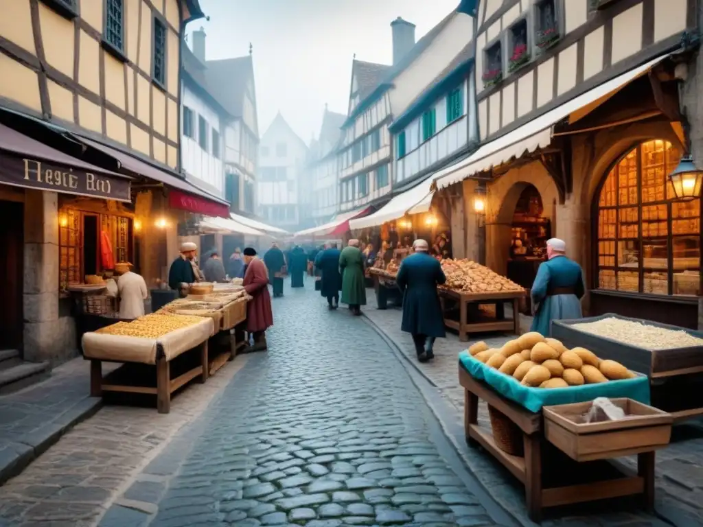 Un bullicioso mercado medieval con comerciantes y artesanos en una detallada y vibrante escena de intercambio comercial