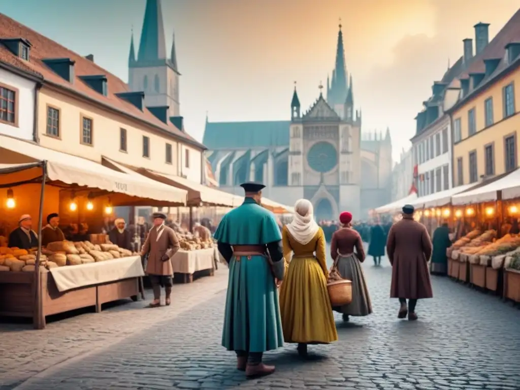 Un bullicioso mercado medieval europeo con comerciantes y una catedral al fondo