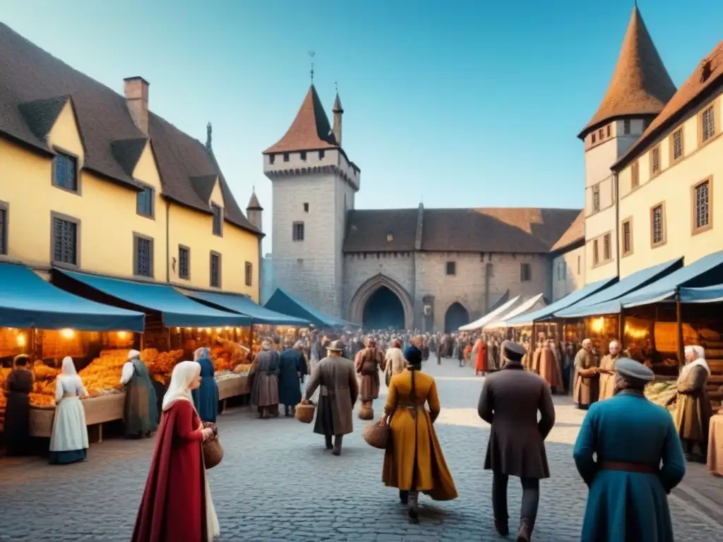 Un bullicioso mercado medieval con comerciantes y campesinos bajo un cielo azul