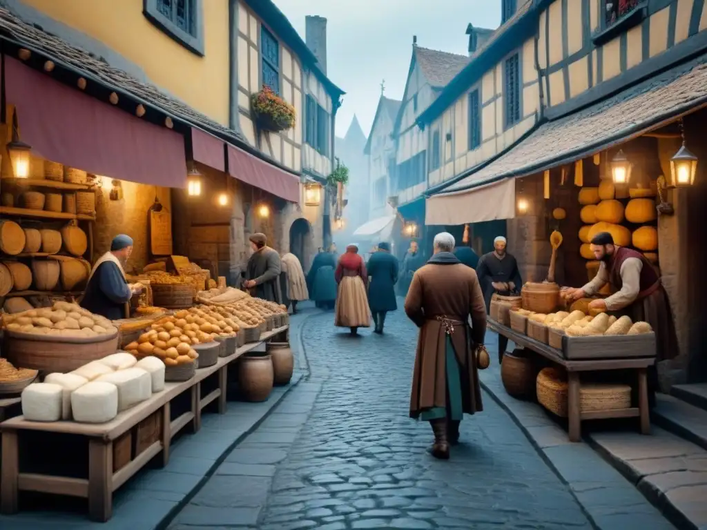 Un bullicioso mercado medieval con comerciantes y artesanos mostrando sus productos