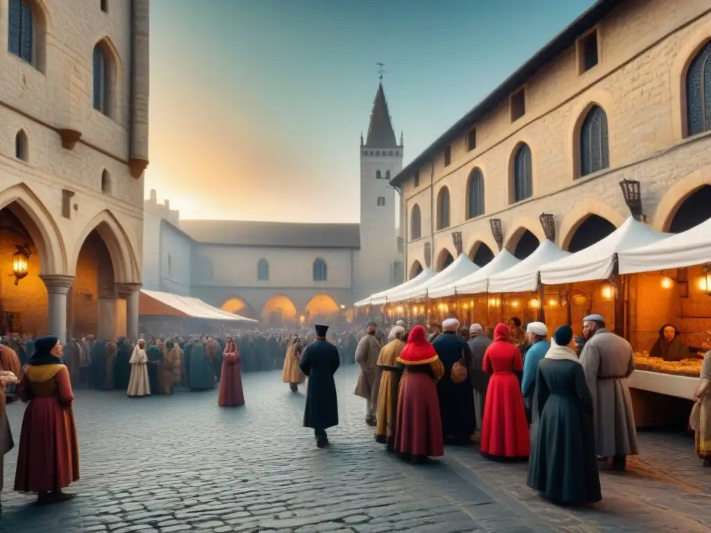 Un bullicioso mercado medieval donde un heraldo lee un decreto real, reflejando la diversidad cultural