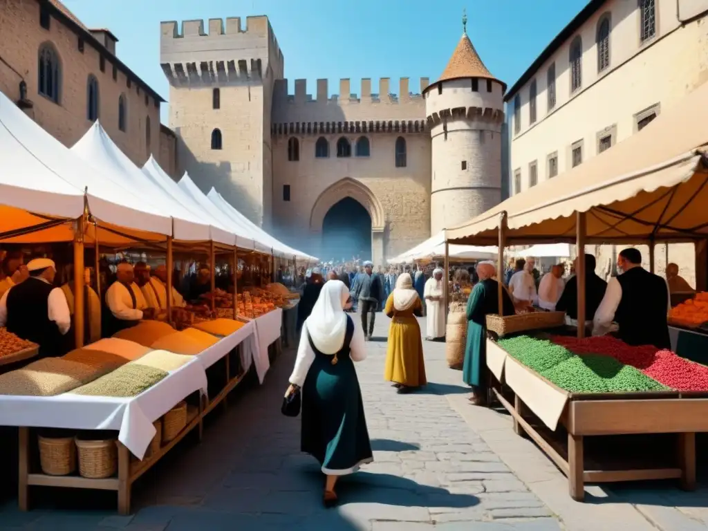 Un bullicioso mercado medieval con intercambios culturales entre mercaderes y clientes, bajo la sombra de un castillo imponente