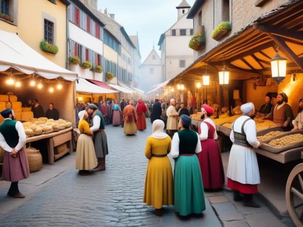 En un bullicioso mercado medieval, juglares cautivan con música, cuentos y malabares