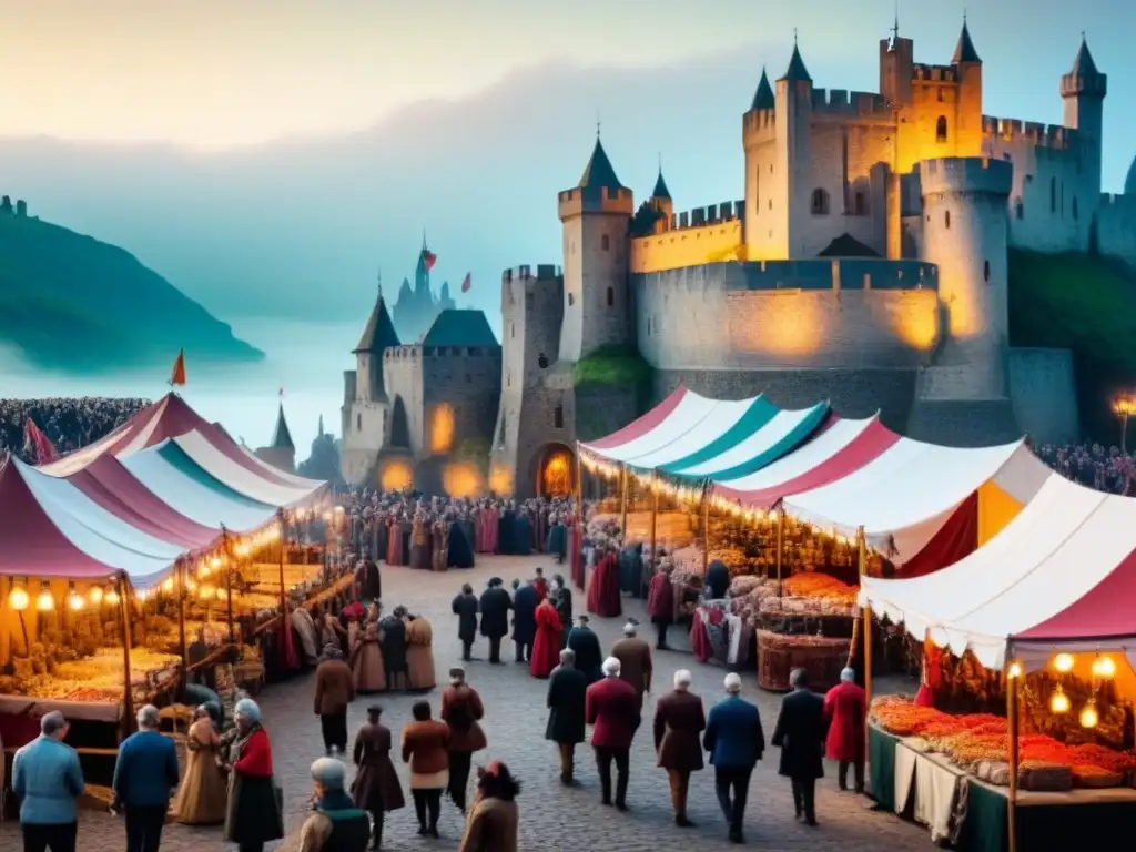 Un bullicioso mercado medieval con mercaderes vendiendo tapices coloridos y aldeanos celebrando festividades