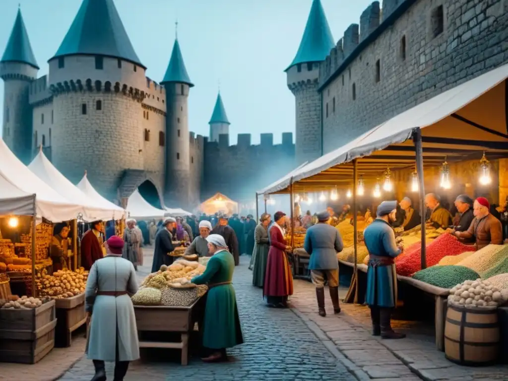 Un bullicioso mercado medieval con mercaderes y clientes explorando puestos de telas, especias y cerámica