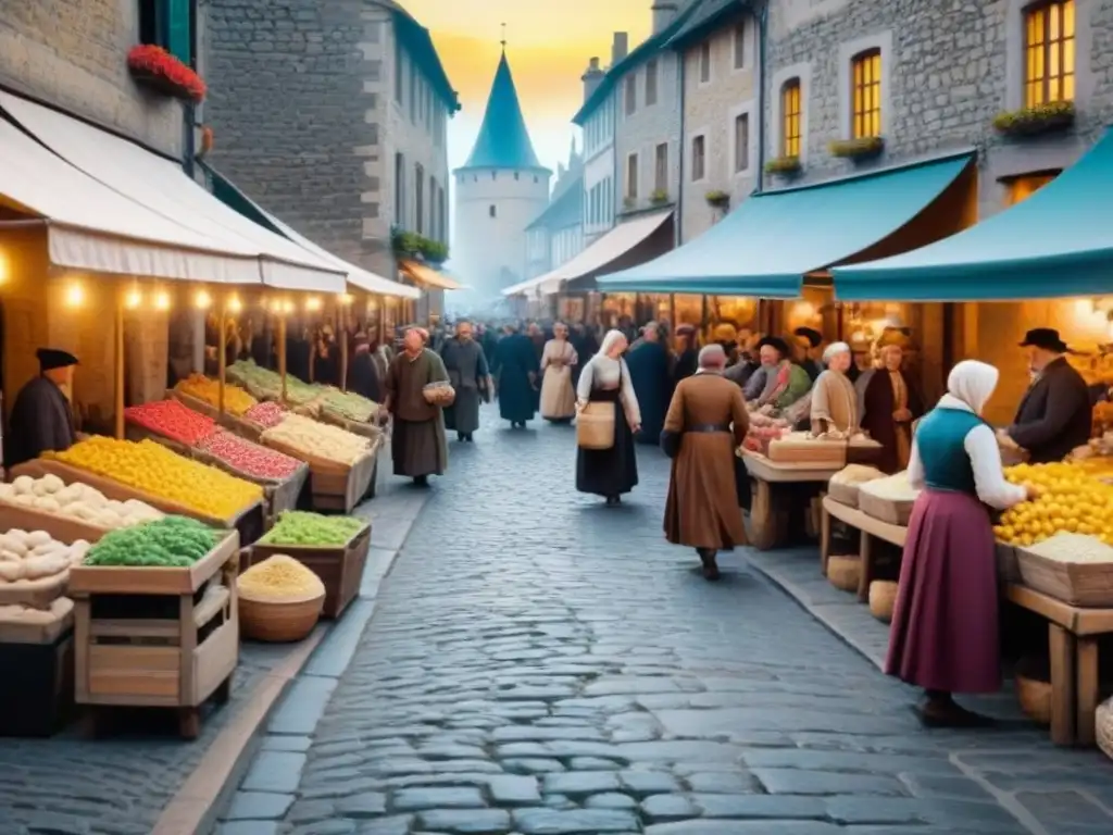 Un bullicioso mercado medieval con mercaderes de diversas culturas bajo coloridos toldos, mientras una multitud diversa examina las mercancías